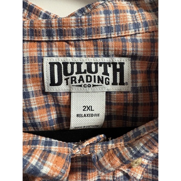 Duluth Trading 2XL Relaxed Fit Plaid Button Shirt Textured Orange Short Sleeve - Picture 3 of 5